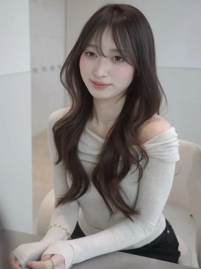 韓国風ロングヘア×レイヤーカット｜黒髪でも重くならない、リバース巻きが決まる顔まわりデザイン